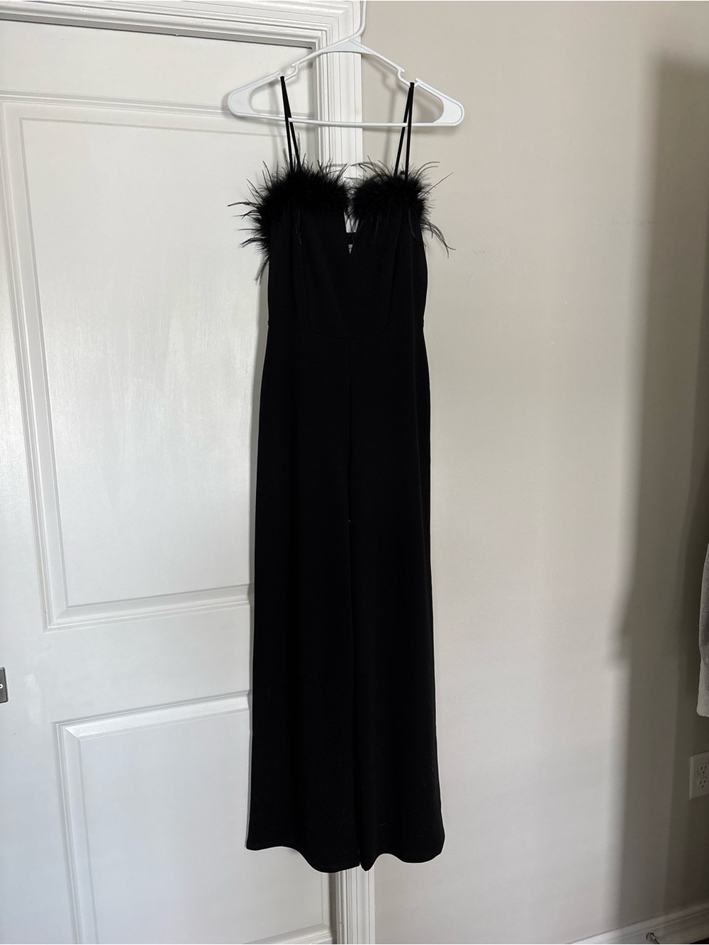 Love on a Hanger Black Slip Dress with Feather Trim